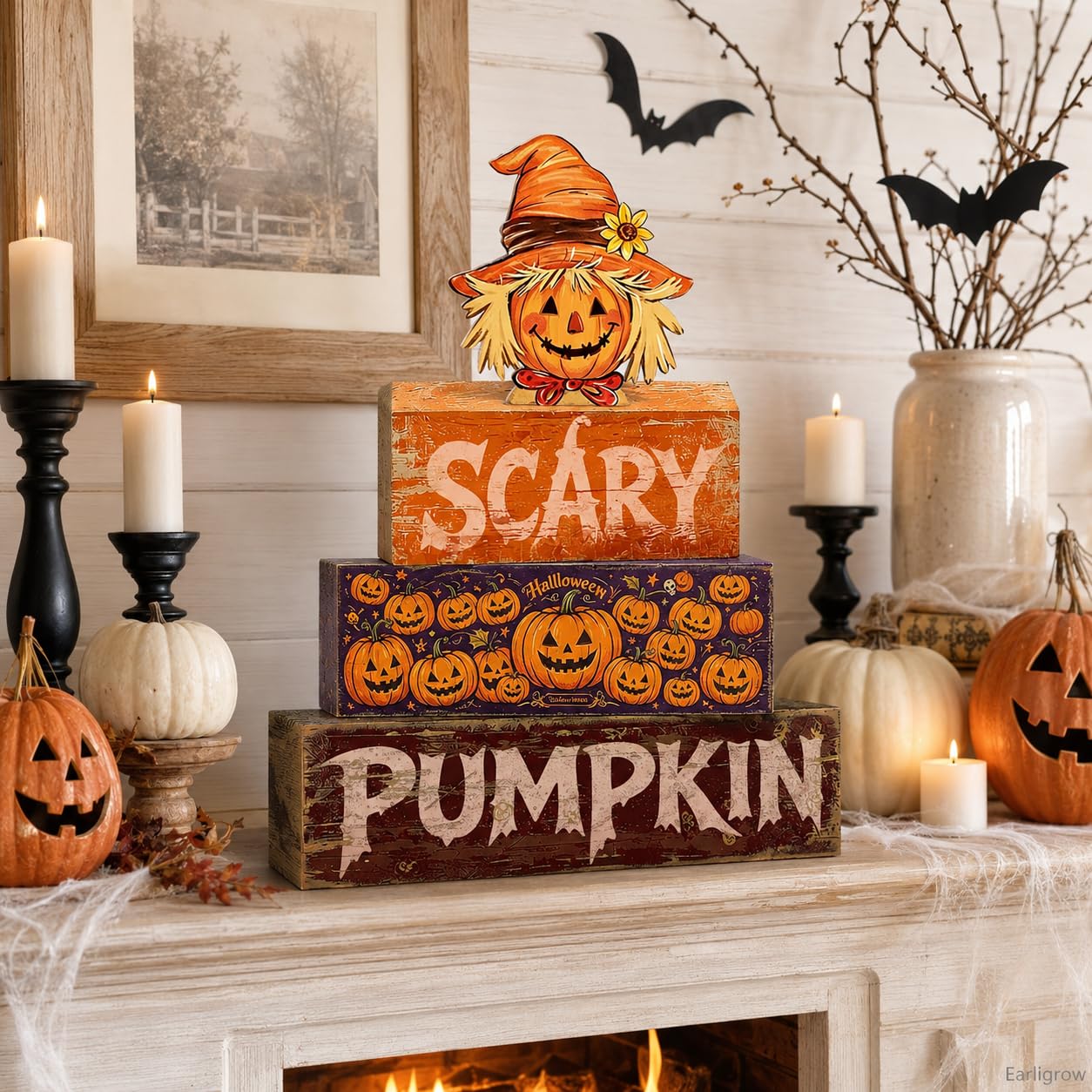 4 Pcs Halloween Table Decor Wooden Scarecrow Tiered Tray Decorations Rustic Farmhouse Tabletop Centerpiece Scary Pumpkin Wood Block Signs for Home Kitchen Shelf Mantel Office Desk