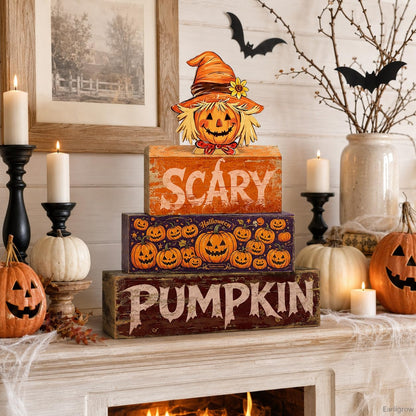 4 Pcs Halloween Table Decor Wooden Scarecrow Tiered Tray Decorations Rustic Farmhouse Tabletop Centerpiece Scary Pumpkin Wood Block Signs for Home Kitchen Shelf Mantel Office Desk