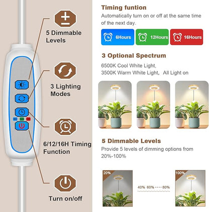 Aokrean Plant Grow Light, 48 LEDs Full Spectrum Grow Lights for Indoor Plants, Height Adjustable Faux Wood Grain Small Grow Light with Base, 3 Optional Spectrums, Auto Timer 6/12/16Hrs, 5 Brightness