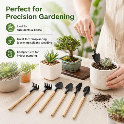 Garneck 8 Sets Mini Gardening Tools with Metal Rake Trowel and Shovel - Succulent Potting Planting Kit for Indoor - Small Gardening Tools for Cultivating Weeding Transplanting