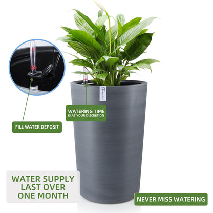 Dexceder 16x12 Tall Self Watering Planter High Cylinder Indoor Outdoor, Thickened Large Floor Standing Flower Plant Pot with Water Level Indicator (Gray, Wire Drawing)