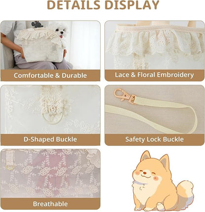 ONECUTE Dog Carrier for Small Dogs Rabbit cat with Lace Design, Cotton Bag, Dog Carrier Soft Sided, Collapsible Travel Puppy Carrier (Beige, 13" L x 6.7" W x 10.6" H)