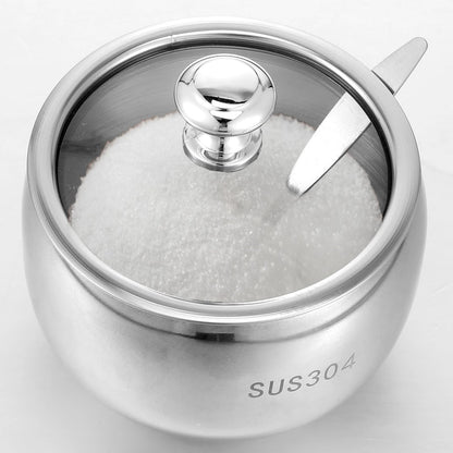 JOUTYFOR 3 Grids 304 Stainless Steel Seasoning Containers Set with Lid Spoon and Tray, Condiment Jar Spice Container, Condiment Canisters Pots for Serving Sugar, Pepper, Salt, Spice