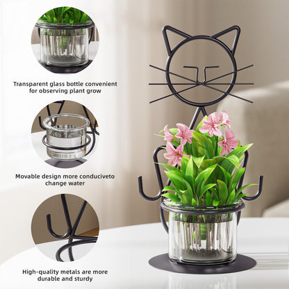 Marbrasse Plant Propagation Station, Cat Plant Terrarium with Metal Stand, Glass Planter Hydroponic Vase Birthday Gifts for Women Home Office Garden Decor Terrarium Supplies