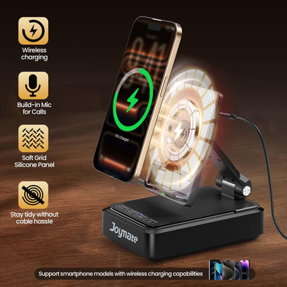 Joymate Gifts for Men and Women, Wireless Phone Charger Stand with Bluetooth Speaker and Adjustable Angle Phone Holder for Desk Tech Gift for Birthday/Valentines Day/Christmas(Black)