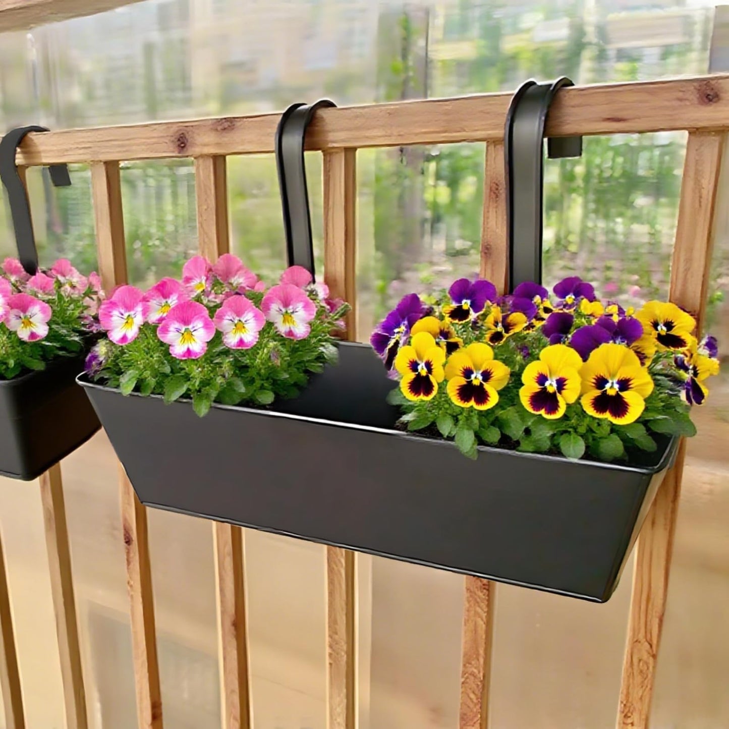 Tressify Outdoor Hanging Planter, 2 Pcs 16.3 in Black Metal Railing Planter Box, Iron Flower Pot with Drainage Holes
