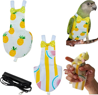 2Pcs Bird Diapers Bird Harness Flight Suits Diapers with 80 Inch Flying Leash Parrot Nappy Washable Cute Urine Wet Suit for Cockatiel Conure Macaw Budgies Parakeet-Pineapple&Watermelon,M