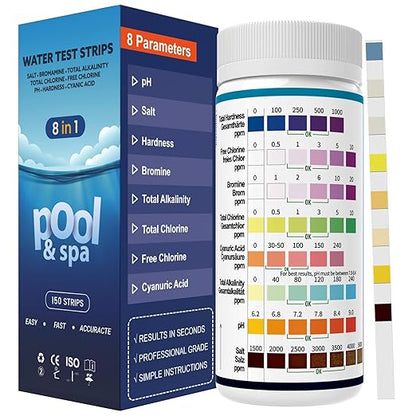 2026 Salt Water 8-in-1 Pool Test Strips Kit | 150 Strips Pool Salt Test Strips | Salt Water Pool Testing Kit for Pools, Hot Tubs & Spas Quick Accurate Tests Salt, Chlorine, pH, Cyanuric Acid