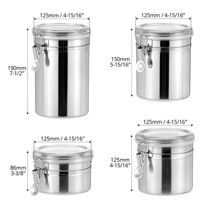 QWORK 4 Pack Stainless Steel Kitchen Storage Canister, Airtight Flour Clamp Canister, 26oz, 36oz, 47oz, 62oz