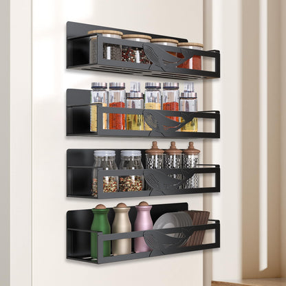 AURIKAR Magnetic Spice Rack for Refrigerator, 4-Pack Metal Seasoning Organizer for Kitchen Storage Organization, Magnetic Shelf for Fridge Space Saving Spice Organizer, Black