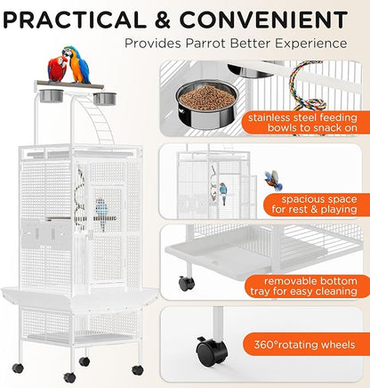 GarveeLife Large Bird Cage 60-inch Playtop Metal Bird Cages with Rolling Stands, Feed Bowls for Parakeets, Conures, Parrot Cage for Medium Large Parrot Cage with Slide-Out Tray Seed Guard, White