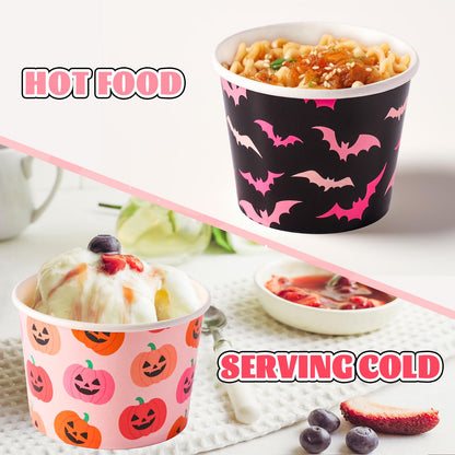 Whaline 60 Pcs Halloween Snack Cups Pink Black Pumpkin Ghost Bats Disposable Bowls 9oz Ice Cream Dessert Treat Paper Bowls for Hot Iced Food Birthday Trick or Treat Party Supplies