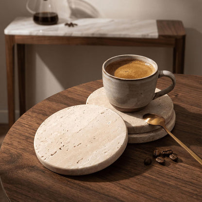 Huazzzyi Beige Travertine Coasters Set of 4 – Natural Absorbent Round Stone Coasters with Storage Rack, Handmade Marble Coasters for Coffee Bar, Dining Table, Housewarming Gift
