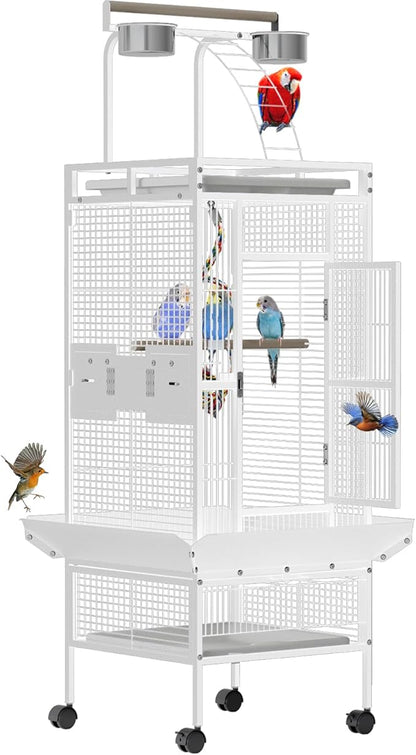 60 Inch Wrought Iron Large Bird Cage with Rolling Stand, Metal Parrot Cage with Play Top & 4 Stainless Steel Bowls for African Grey Cockatiel Sun Parakeet Green Cheek Conure Lovebird Budgie, White