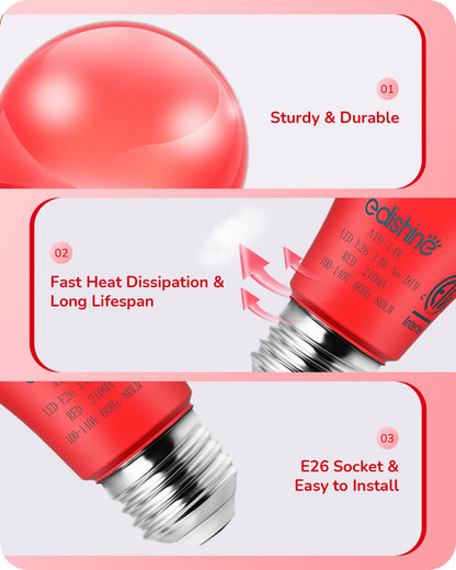 EDISHINE Red LED Light Bulbs, 100W Equivalent, E26 Base A19, 4 Pack, Plastic for Christmas Decoration