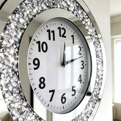 DMDFIRST Acrylic Glass Diamond Decor Round Clock, 15.7x15.7x1.7 Inches Silver Glass Round Decorative Clock, Silent Quartz Movement (No Second Hand), Modern Sparkle Home Decor (AA Battery Not Included)