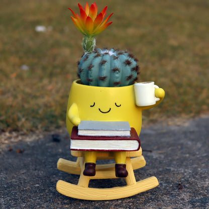 Dolkgy Funny Planters for Indoor Outdoor Plants, Adorable Rocking Chair Drinking Coffee Book Face Plant Pots, Unique Yellow Head Planters Flower Vase Succulent Pots