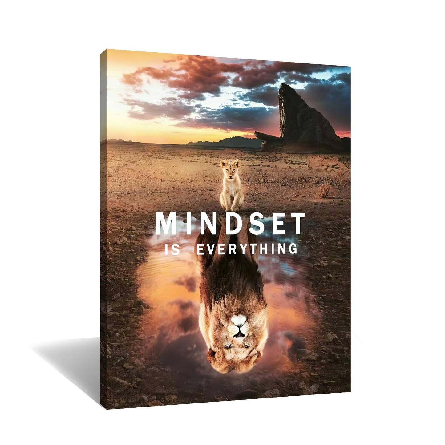 Motivational Canvas Wall Art Inspirational Poster Prints Mindset is Everything Small Cat Big Lions Picture Cute Animal Painting Framed Artwork for Home Office Decor Ready to Hang [30''W x 40''H]