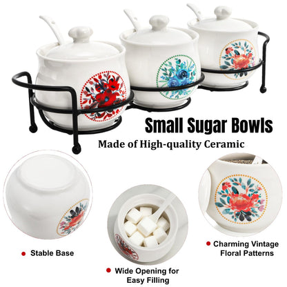 ELFULLY 3 Pcs Ceramic Condiment Jars, 7 Oz Small Sugar Bowls with Lids Spoons and Shelf, Round Spice Container Pot Set for Salt Pepper, Empty Seasoning Box for Kitchen Restaurant Home, White