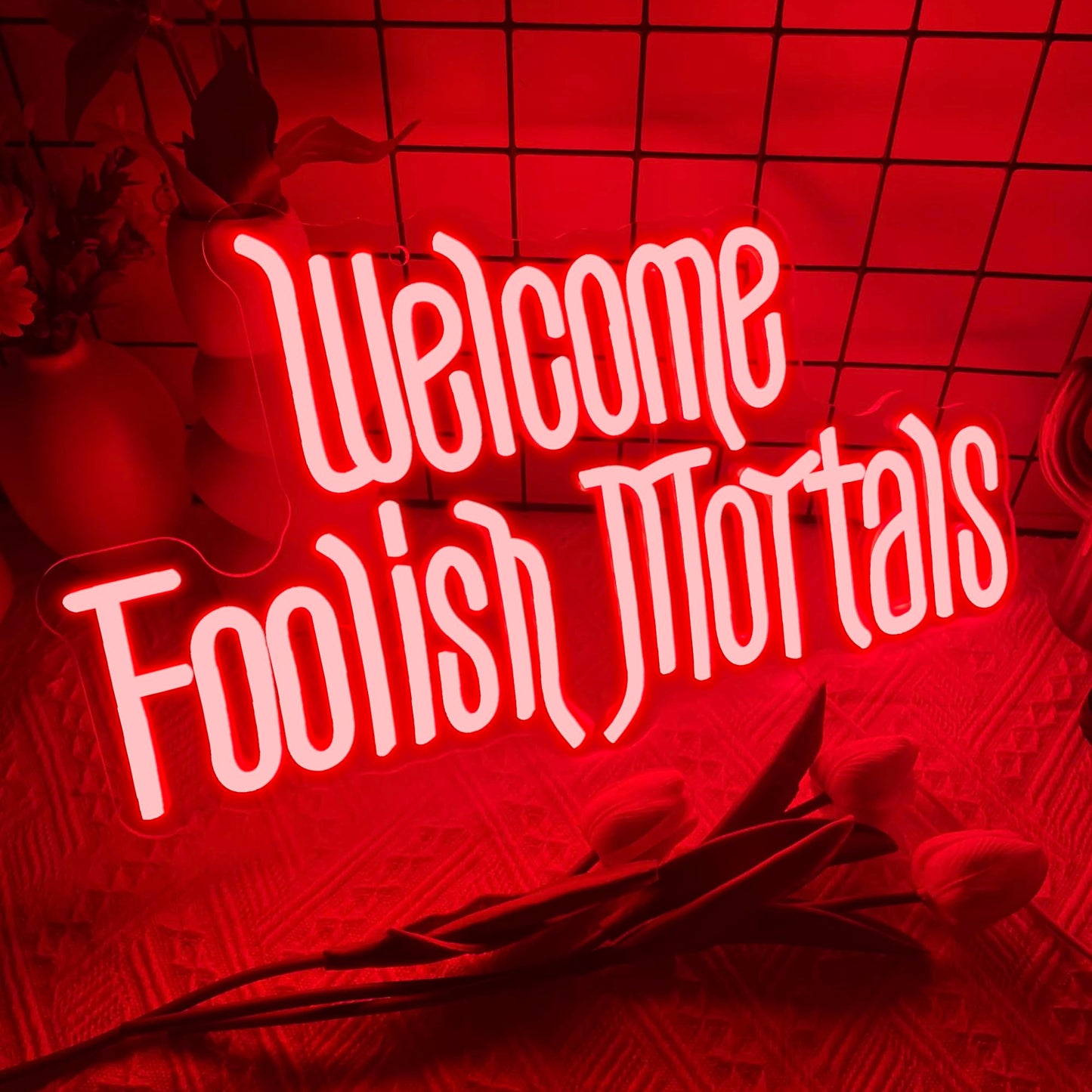 Welcome Foolish Mortals Neon Sign,Dimmable Spooky Gothic Haunted Mansion Coffin LED Neon Signs for Wall Decor,USB Powered Led Neon Light for Halloween Party Haunted House Man Cave Birthday Gifts(16.1*9.4in) (Red)