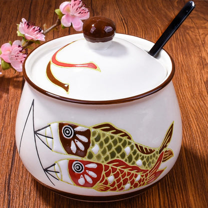 LMRLCS Ceramic Sugar Bowl with Lid and Spoon - 10oz Small Spice Jar with Japanese Koi Fish Design - Decorative Seasoning Container for Salt, Lard, Chili Oil & Condiments, Farmhouse Kitchen Decor