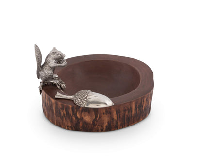 Vagabond House Wood Nut/Candy Bowl with Standing Pewter Squirrel and Metal Pewter Scoop 8 inch Diameter