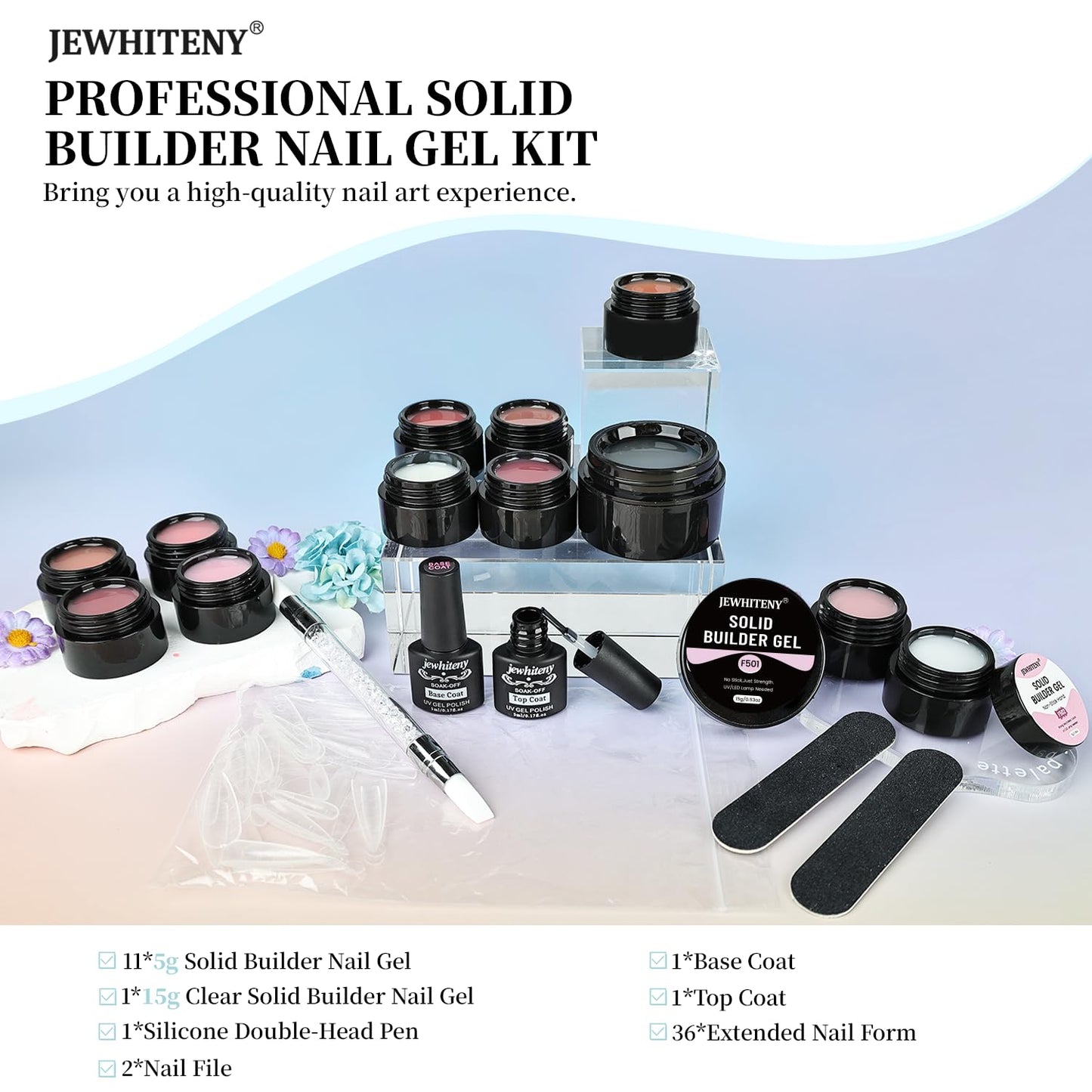 JEWHITENY Poly Extension Gel Nail Kit 14 PCS Poly Gel Kit with Slip Solution and Mini Lamp Nail Art Design Beginner