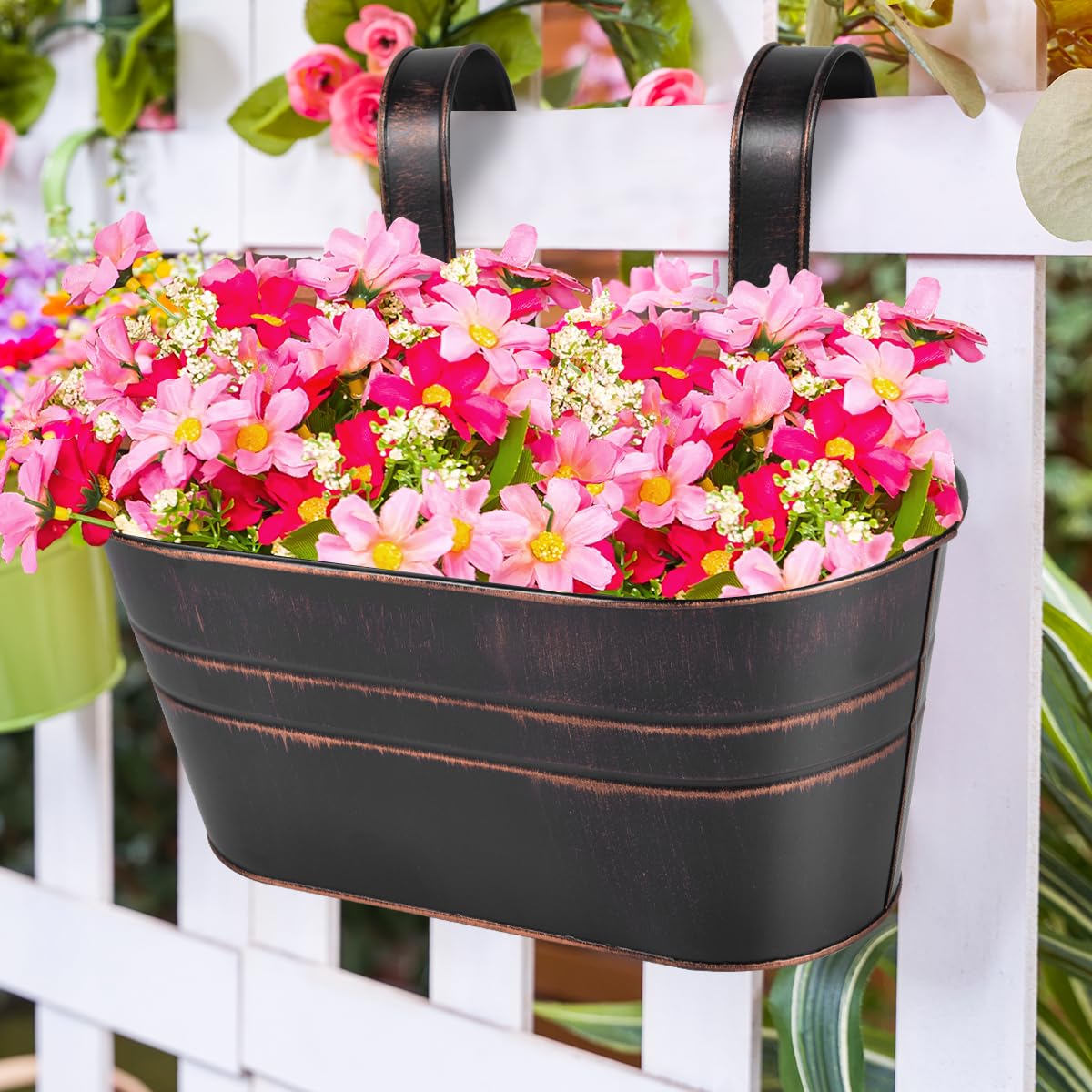 OBTANIM 4 Pack Metal Hanging Flower Pots Iron Railing Planter Outdoor Fence Hanging Pots Bucket Plant Holder with Detachable Hooks Drain Holes for Home Garden Yard Decor (Black)