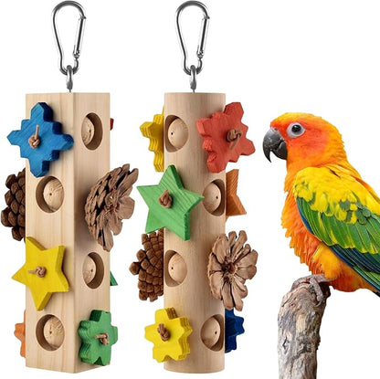DBNESS Bird Toys for Parrot, 2 Pcs Hanging Colorful Wood Blocks Pine Cones Parakeet Chew Foraging Toy for Beak-Grinding, Cage Accessories for Small to Medium Budgies, Cockatiels, Caiques, Conures