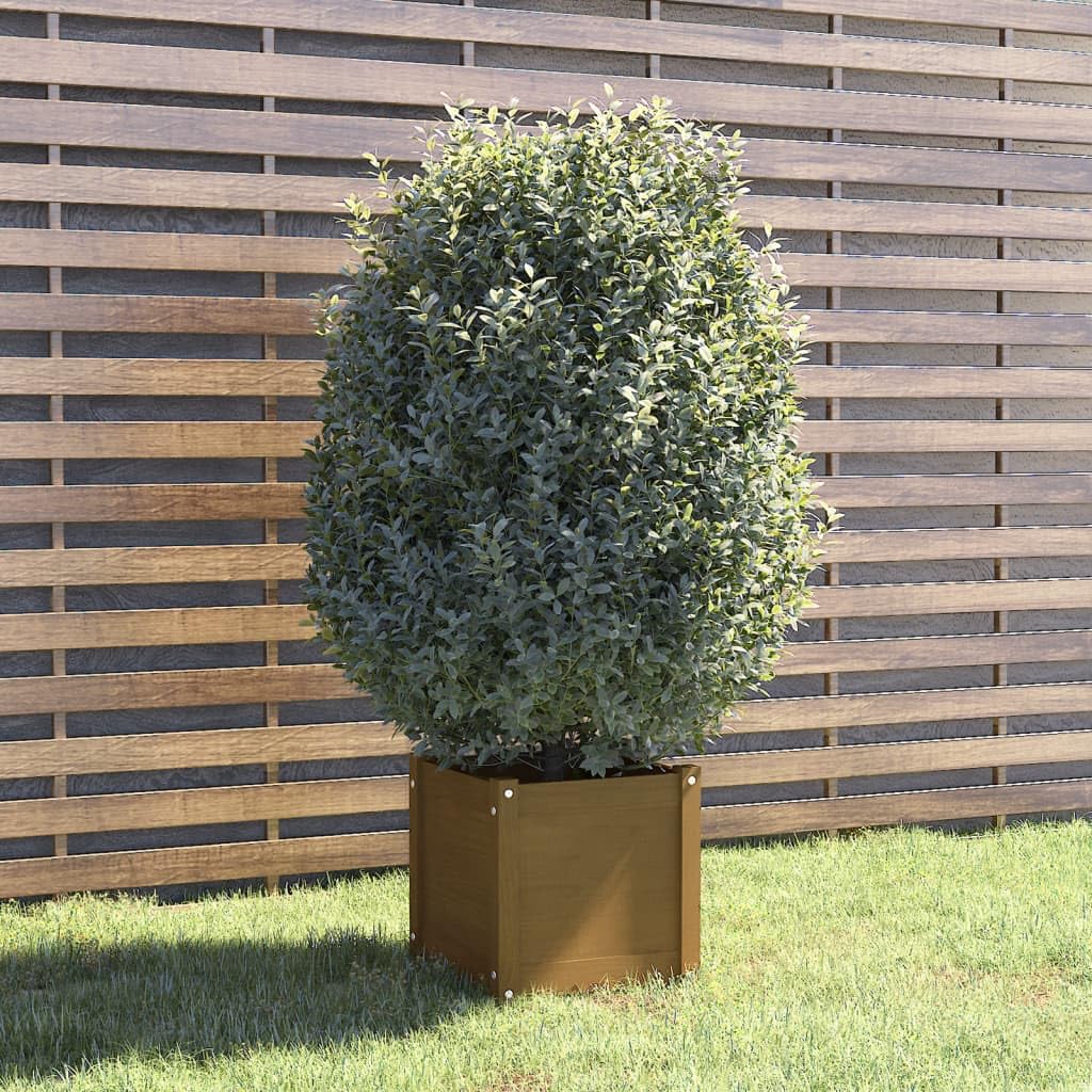 Roanoer Honey Brown Square Planter 15.7x15.7x15.7 in Solid Pine Wood Outdoor Raised Garden Bed Box with Drainage for Patio Balcony Terrace