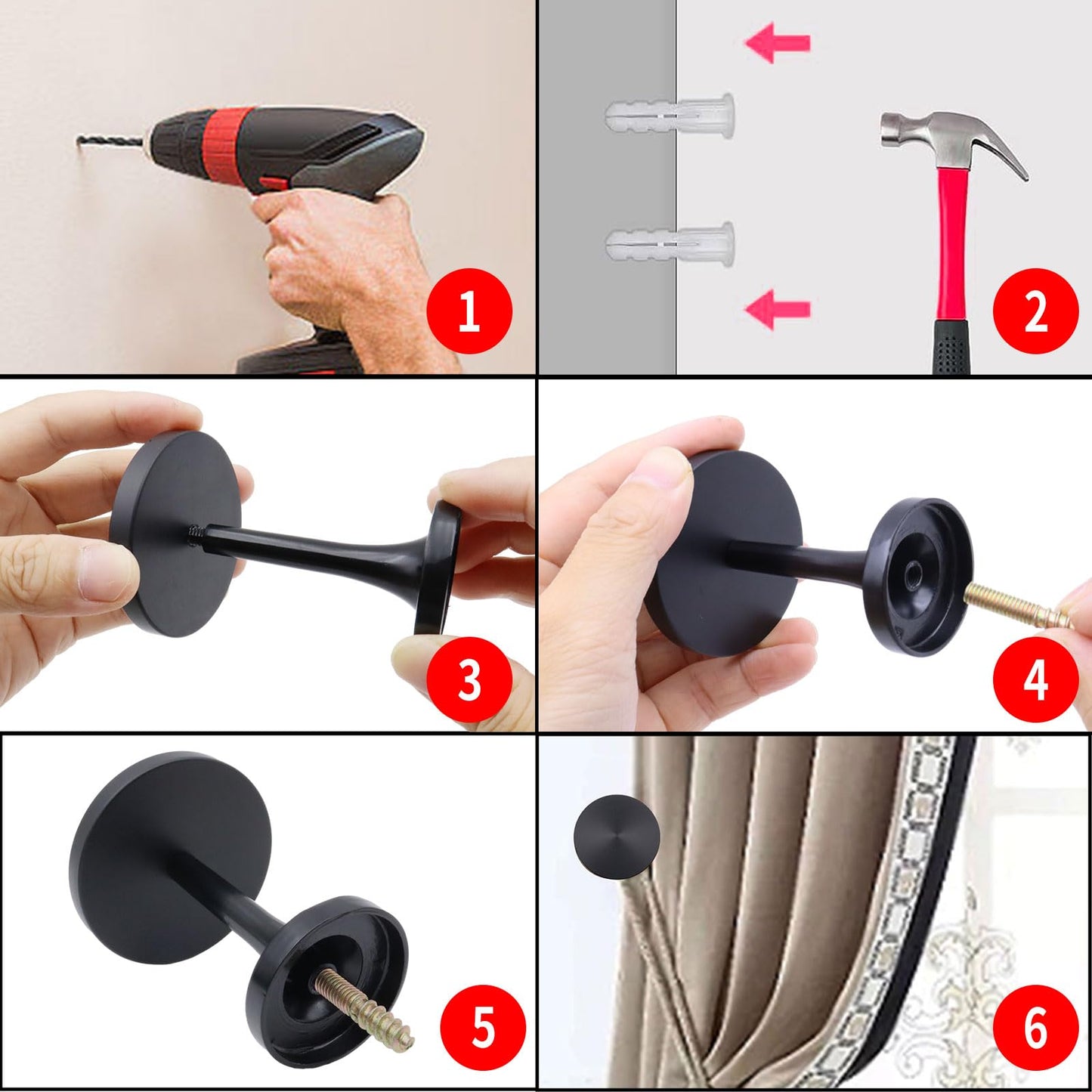 Shonmogar Curtain Tiebacks 2 Pack Curtain Holdbacks Zinc Alloy Curtain Tiebacks Wall Mounted with Screws, Decorative Curtain Holders for Drapes Stylish Black Curtain Tieback Hooks for Home Office