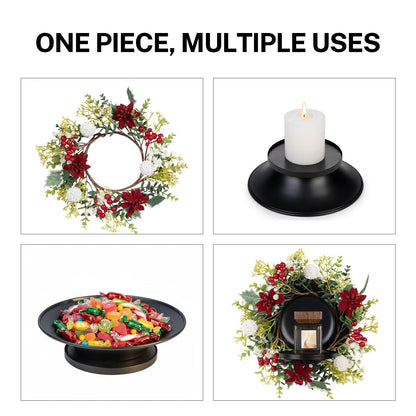 MOYEE Winter Christmas Candle Holder Centerpieces for Tables,Candle Ring, Black Metal Candlestick with an Artificial Wreath 14 in Versatile Dining Table Centrepiece (White Ball Wreath)