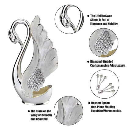 Swan Base Holder with 6pcs Coffee Dessert Dinner Spoon Set, Metal Coffee Spoon Organizer Teaspoon Fruit Dessert Flatware Sugar Ice Cream Spoons (Silver)