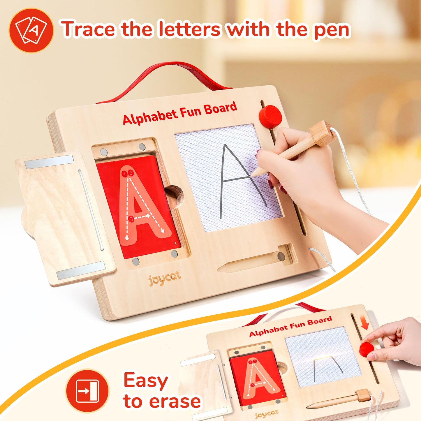 JoyCat Wooden Letter Tracing Board for Toddlers 3-5, Magnetic Alphabet & Number Writing Practice Board with 36 Double-Sided Cards, Reusable Preschool Handwriting Toy, Travel Learning Activity