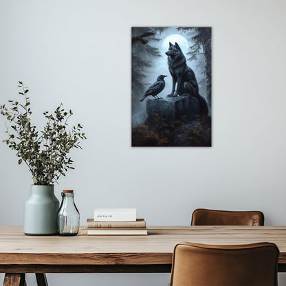 OAAPITI Wolf Raven Wall Art Gothic Nature Wildlife Canvas Print Spooky Forest Art Hallowen Decoration for Living Room Bedroom Wall Deocr