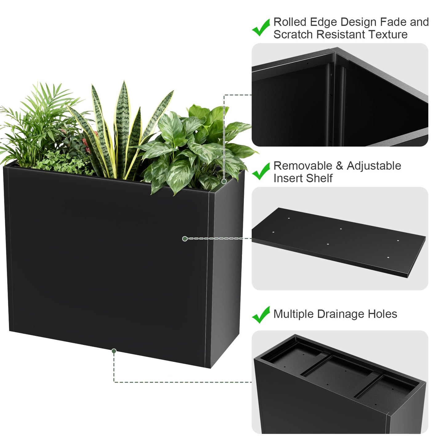 Nessxa Metal Planter Box for Outdoor Plants 38" L x 13" W x 30" H, Heavy Duty Steel Large Rectangular Planter Box with Removable Insert Shelf, Modern Décor for Tall Plants, Trees, Flowers (Black)