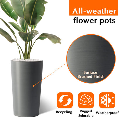 GDFStudio 21.7" Tall Planters Set of 2, Large Planter Pots with Drainage Holes, UV and Crack Resistant, Modern Matte Finish for Indoor Outdoor Balcony Patio Garden, Grey