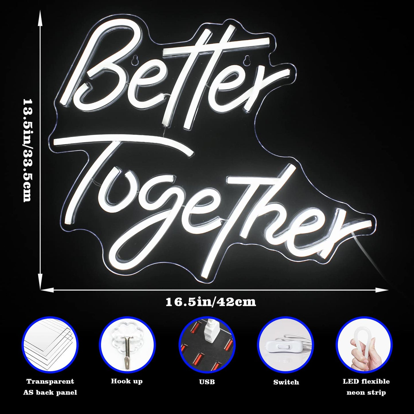 Looklight Better Together Neon Sign,Neon Light for Wall Decor,Wedding Neon Sign,Warm White Led Neon Light USB Letters Neon Signs Led Signs for Wedding,Engagement Party,Birthday