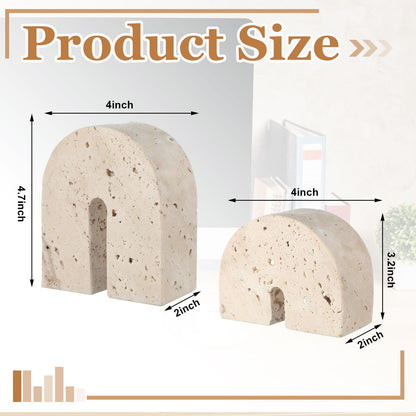 Newtay 2 Pcs Marble Bookends for Shelves 5 Inch and 3 Inch Natural Travertine Book Ends Decorative Stone Bookends Heavy Duty Marble Book Holder for Bookshelf Home Decor