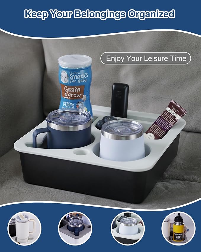 Couch Cup Holder Tray, Bonfixe Stable Couch Caddy for Bed and Sofa, Upgraded Capacity Health-Friendly Silicone Anti-Spill Drink Holder Organizer for Snacks Beverage (Black-White)