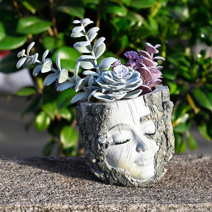 QIYUNI Handmade Resin Face Stump Girl Succulent Planter Pastoral Healing Courtyard Balcony Ornament Indoor Outdoor Decor Gift