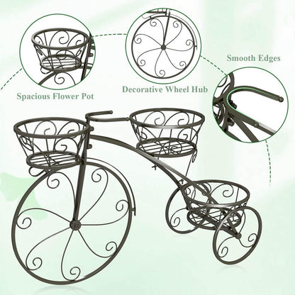Metal Bicycle Plant Stand,3-Tier Tricycle Planter with Hollowed Baskets,Flower Display Stand Cart with 3 Decorative Wheels,Tricycle Plant Stand for Outdoor Indoor Home Balcony Backyard(Bronze)