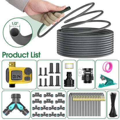 CyberOrd 98FT 1/2" Drip Irrigation System Kit with Smart Water Timer for Garden,Automatic Watering System with 20pcs 360° Adjustable Copper Nozzles, Irrigation System for Garden,Yard, Lawn,Greenhouse