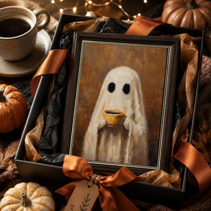 Ghost Kitchen Wall Art 9x11 Dark Brown Framed Canvas Print Cute Ghost Drinking Coffee Picture Dark Academia Coffee Bar Decor for Halloween Fall