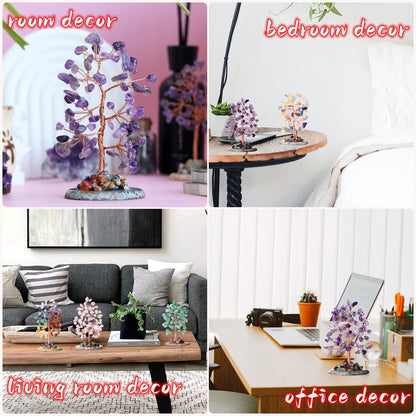 Amethyst Healing Crystal Tree of Life Natural Gemstone Agate Slice Base Copper Wire Wrapped Money Trees Feng Shui Reiki Spiritual Energy Decorations Home Office Room Desk Decor Gifts for Women Men