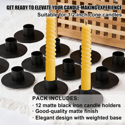 12pcs Iron Mini Taper Candle Holders for 1/2 Inch Candles, Small Metal Tapered Candlestick Stand Accessories for Chime Spell Church Altar Ritual Wedding Party Centerpiece Home Decor & Gift (Black)