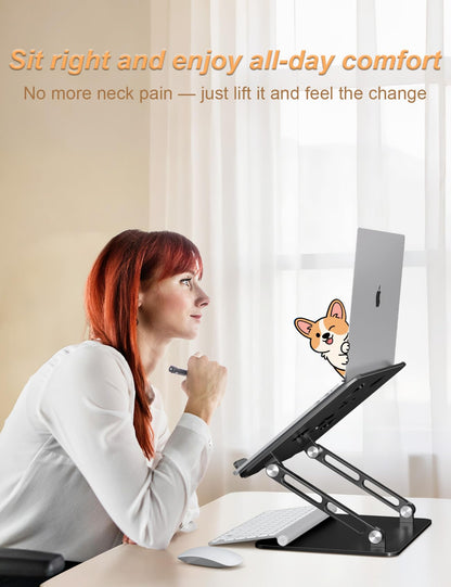 Aoviho Laptop Stand for Desk-Adjustable, Foldable, Portable, Ergonomic Aluminum Notebook Riser with Unique Puppy Cooling Vent, Desk Gift for 10"-17.3" Devices Mac, Dell, HP, Lenovo, Samsung, Black