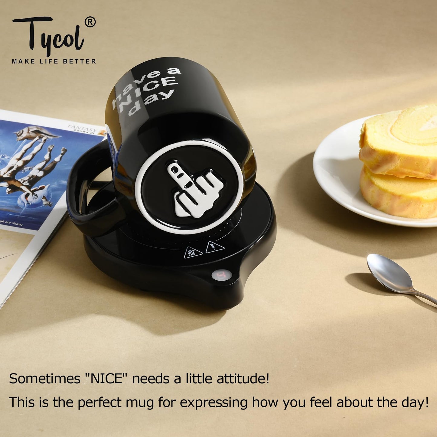 Tycol Funny Ceramic Coffee Mug Have a NICE Day Cup Black 16 Oz with handle for Adults, Christmas Gift, Party, Birthday, Flat bottom with warmer compatible, Novelty Mug