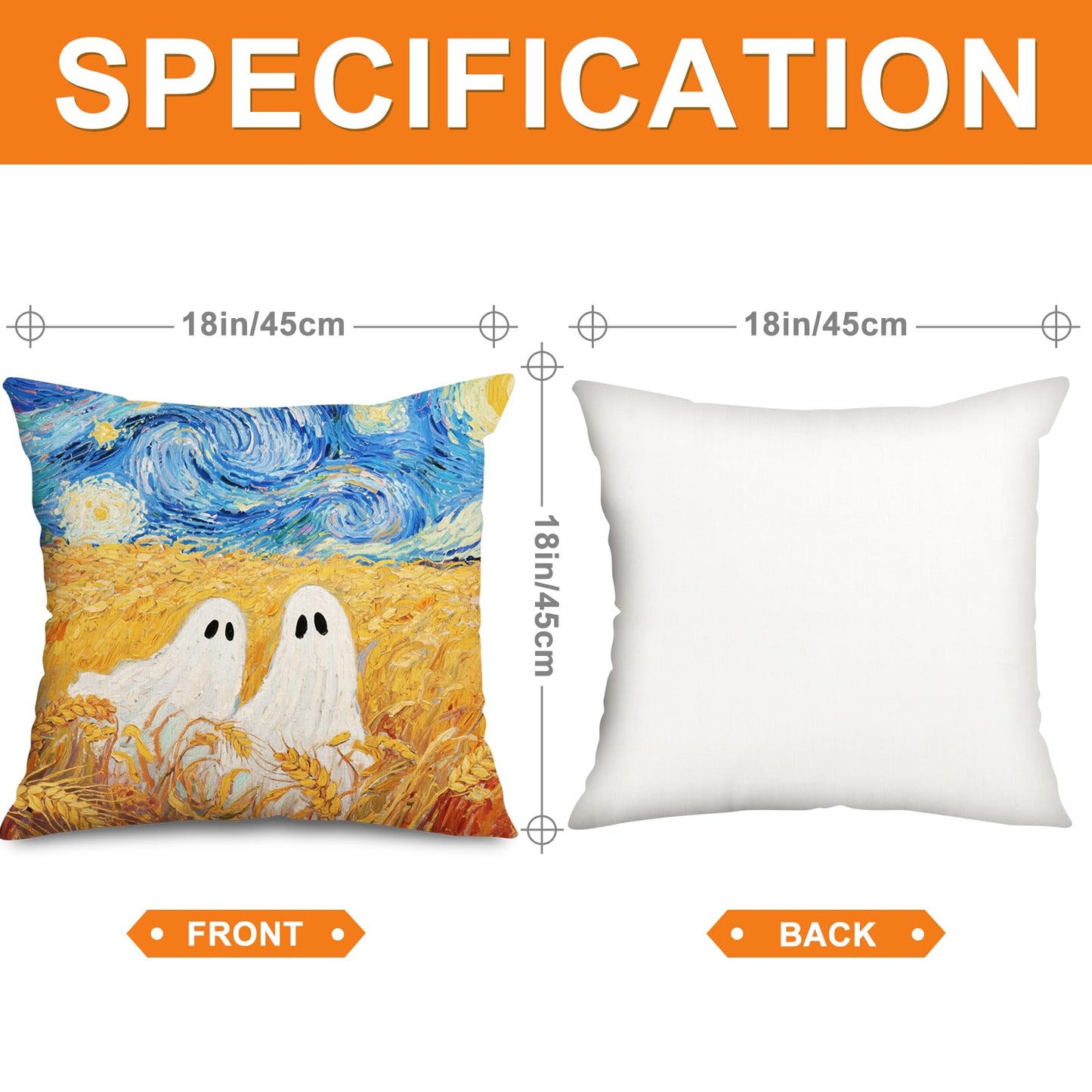 Whaline 4Pcs Halloween Pillow Covers Van Gogh Ghost Starry Sky Throw Pillow Case Decorative Cushion Cover for Sofa Couch Bed Home Office, 18 x 18 Inch