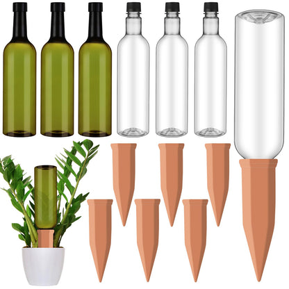 SiliFine 6 Sets Plant Watering Devices Include Terracotta Self Watering Spikes and 26 oz Plastic Bottles, Slow Release Vacation Insert Automatic Plant Waterer Device (Clear Green and Terracotta)
